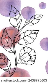 Background for graphic works, postcards, brochures, advertisements. Watercolor circles with ivy branch and flowers. Hand-drawn elements, arranged in a vector program.