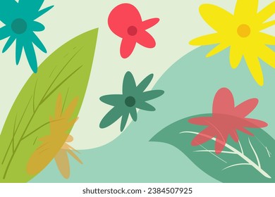 Background with graphical bow organic shapes green natural leaves, floral, line art pattern decoration element of tropical leaves, flowers and branches. Handcrafted decorative abstract art.