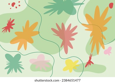 Fondo con formas orgánicas del arco gráfico hojas naturales verdes, florales, adornos de líneas de arte elemento de decoración de hojas tropicales, flores y ramas. Arte abstracto decorativo artesanal.
