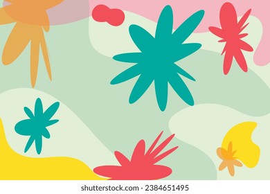 Background with graphical bow organic shapes green natural leaves, floral, line art pattern decoration element of tropical leaves, flowers and branches. Handcrafted decorative abstract art.