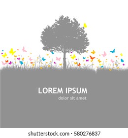 Background grass and butterflies, tree. Vector