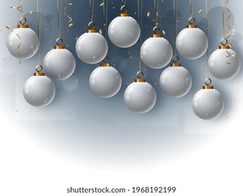 Background with gray Christmas balls and glitter