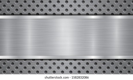 Background in gray colors, consisting of a metallic perforated surface with holes and a polished plate with metal texture, glares and shiny edges