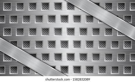 Background in gray colors, consisting of a metallic perforated surface with holes and two polished plates with metal texture, glares and shiny edges