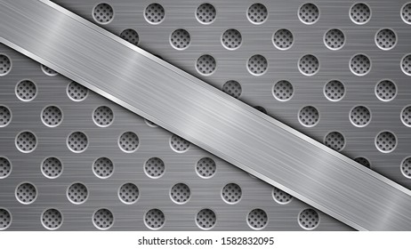 Background in gray colors, consisting of a metallic perforated surface with holes and a polished plate with metal texture, glares and shiny edges
