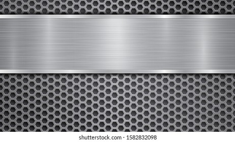 Background in gray colors, consisting of a metallic perforated surface with holes and a polished plate with metal texture, glares and shiny edges