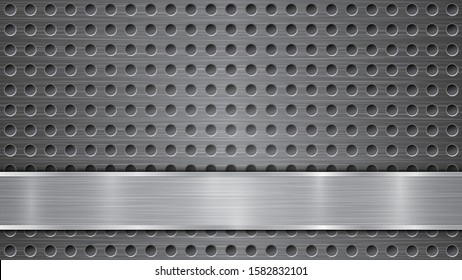Background in gray colors, consisting of a metallic perforated surface with holes and a polished plate with metal texture, glares and shiny edges