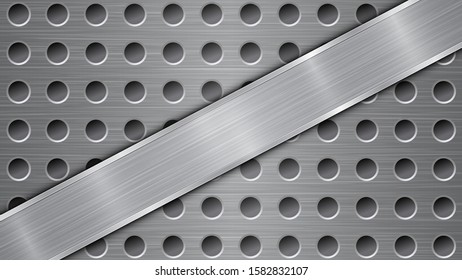 Background in gray colors, consisting of a metallic perforated surface with holes and a polished plate with metal texture, glares and shiny edges