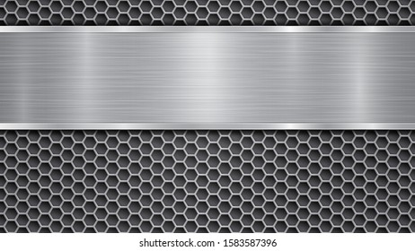 Background in gray colors, consisting of a metallic perforated surface with holes and a polished plate with metal texture, glares and shiny edges