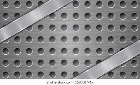 Background in gray colors, consisting of a metallic perforated surface with holes and two polished plates with metal texture, glares and shiny edges