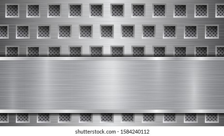 Background in gray colors, consisting of a metallic perforated surface with holes and a polished plate with metal texture, glares and shiny edges