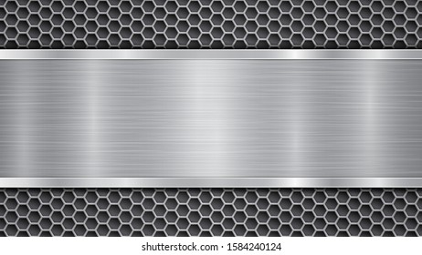 Background in gray colors, consisting of a metallic perforated surface with holes and a polished plate with metal texture, glares and shiny edges