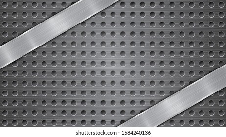 Background in gray colors, consisting of a metallic perforated surface with holes and two polished plates with metal texture, glares and shiny edges