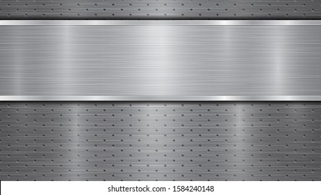 Background in gray colors, consisting of a metallic perforated surface with holes and a polished plate with metal texture, glares and shiny edges