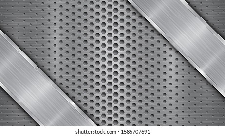 Background in gray colors, consisting of a metallic perforated surface with holes and two polished plates with metal texture, glares and shiny edges
