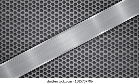 Background in gray colors, consisting of a metallic perforated surface with holes and a polished plate with metal texture, glares and shiny edges