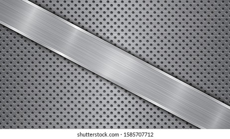 Background in gray colors, consisting of a metallic perforated surface with holes and a polished plate with metal texture, glares and shiny edges