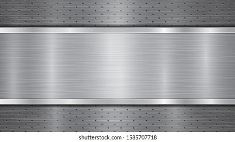 Background in gray colors, consisting of a metallic perforated surface with holes and a polished plate with metal texture, glares and shiny edges