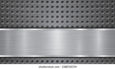 Background in gray colors, consisting of a metallic perforated surface with holes and a polished plate with metal texture, glares and shiny edges