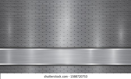 Background in gray colors, consisting of a metallic perforated surface with holes and a polished plate with metal texture, glares and shiny edges