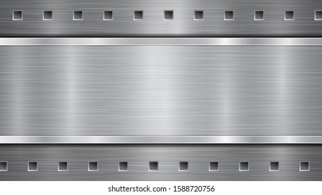 Background in gray colors, consisting of a metallic perforated surface with holes and a polished plate with metal texture, glares and shiny edges