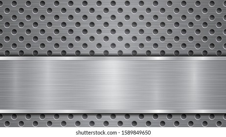Background in gray colors, consisting of a metallic perforated surface with holes and a polished plate with metal texture, glares and shiny edges