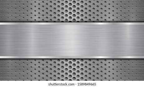 Background in gray colors, consisting of a metallic perforated surface with holes and a polished plate with metal texture, glares and shiny edges