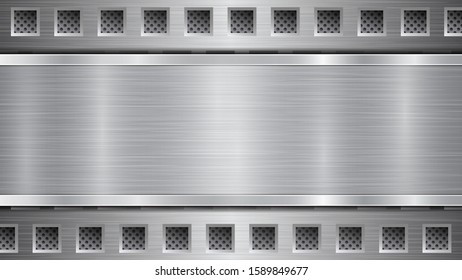 Background in gray colors, consisting of a metallic perforated surface with holes and a polished plate with metal texture, glares and shiny edges