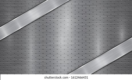 Background in gray colors, consisting of a metallic perforated surface with holes and two polished plates with metal texture, glares and shiny edges