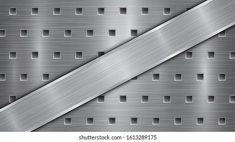 Background in gray colors, consisting of a metallic perforated surface with holes and a polished plate with metal texture, glares and shiny edges