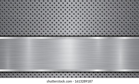 Background in gray colors, consisting of a metallic perforated surface with holes and a polished plate with metal texture, glares and shiny edges