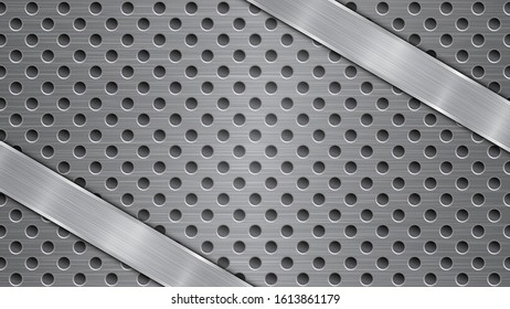 Background in gray colors, consisting of a metallic perforated surface with holes and two polished plates with metal texture, glares and shiny edges