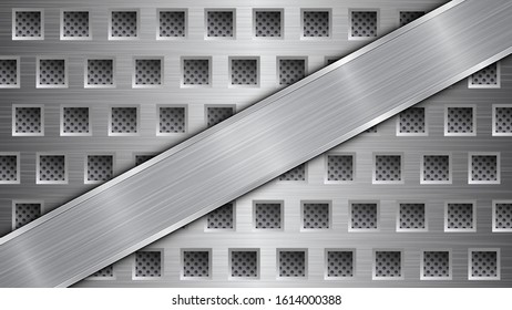 Background in gray colors, consisting of a metallic perforated surface with holes and a polished plate with metal texture, glares and shiny edges