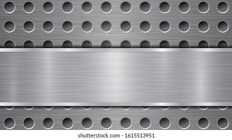 Background in gray colors, consisting of a metallic perforated surface with holes and a polished plate with metal texture, glares and shiny edges