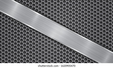 Background in gray colors, consisting of a metallic perforated surface with holes and a polished plate with metal texture, glares and shiny edges