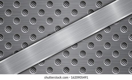 Background in gray colors, consisting of a metallic perforated surface with holes and a polished plate with metal texture, glares and shiny edges