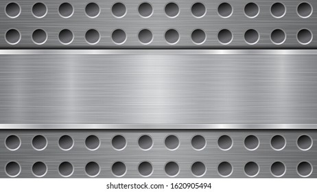Background in gray colors, consisting of a metallic perforated surface with holes and a polished plate with metal texture, glares and shiny edges