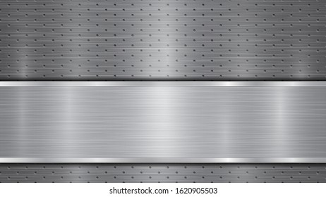 Background in gray colors, consisting of a metallic perforated surface with holes and a polished plate with metal texture, glares and shiny edges