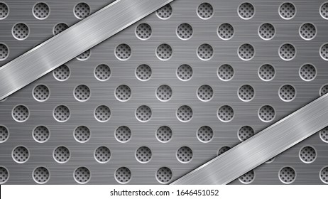 Background in gray colors, consisting of a metallic perforated surface with holes and two polished plates with metal texture, glares and shiny edges