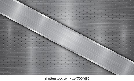 Background in gray colors, consisting of a metallic perforated surface with holes and a polished plate with metal texture, glares and shiny edges