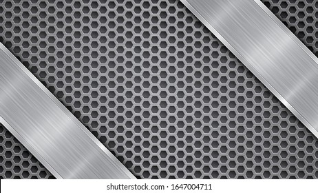 Background in gray colors, consisting of a metallic perforated surface with holes and two polished plates with metal texture, glares and shiny edges