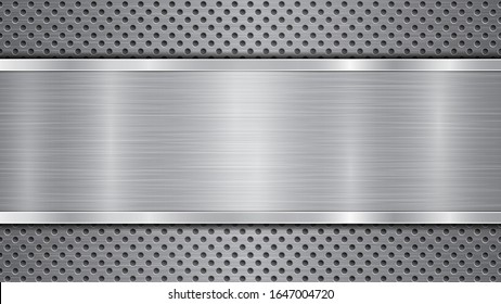 Background in gray colors, consisting of a metallic perforated surface with holes and a polished plate with metal texture, glares and shiny edges