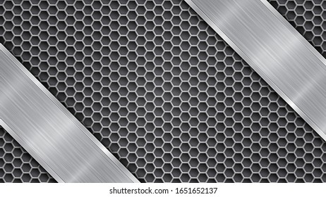 Background in gray colors, consisting of a metallic perforated surface with holes and two polished plates with metal texture, glares and shiny edges