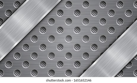 Fondo de colores grises, compuesto por una superficie metálica perforada con orificios y dos placas pulidas con textura metálica, resplandecientes y bordes brillantes
