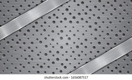 Fondo de colores grises, compuesto por una superficie metálica perforada con orificios y dos placas pulidas con textura metálica, resplandecientes y bordes brillantes