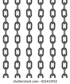 Background from gray iron chains hanging on a white background. Hanging chains made of steel parts in the line below.