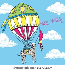 Background with Great Dane and air balloon. Hand drawn dog sketch with clouds. Vector Illustration