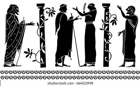 Background in the Greek style. Black silhouettes of the Greek heroes. Tattoos on a thematic topic