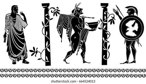 Background in the Greek style. Black silhouettes of the Greek heroes. Tattoos on a thematic topic
