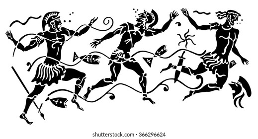 Background in the Greek style. Three warriors swimming underwater with spears surrounded by fish and algae.